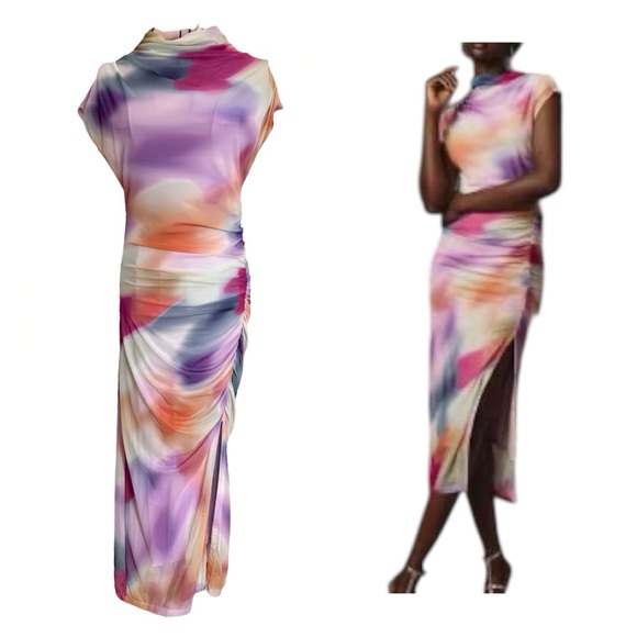 Anthropologie Dresses & Skirts - Anthropologie Maya Ruched Cowl-Neck Mesh Dress – Watercolor Print – Size S